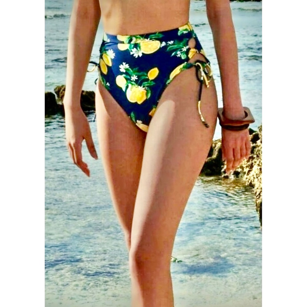 WET Swimwear Navy Sardinia‎ Lemon Print High Waisted Side Tie Bottom NWT $108